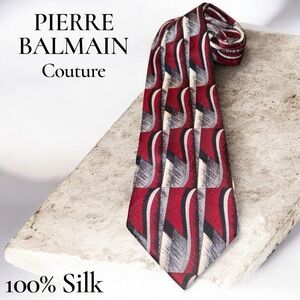 Pierre Balmain Couture 100% Silk Tie Red Gray Geometric Luxury Designer Necktie